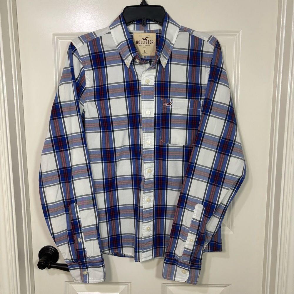 Hollister Long Sleeve Plaid Button Down Shirt Men's L White Blue Red